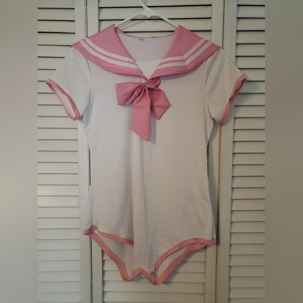 SHEIN White & Pink Sailor Collar Bodysuit